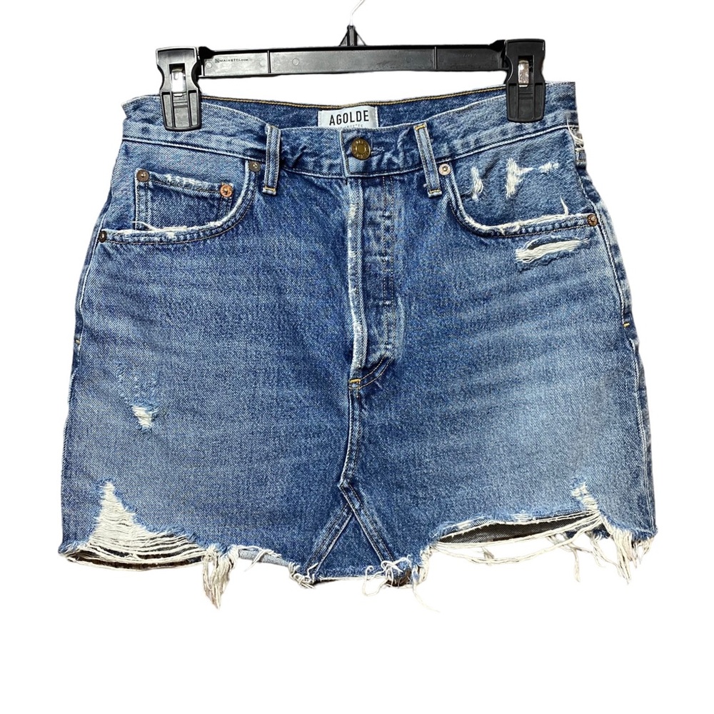 Agolde Distressed Blue Denim Mini Skirt